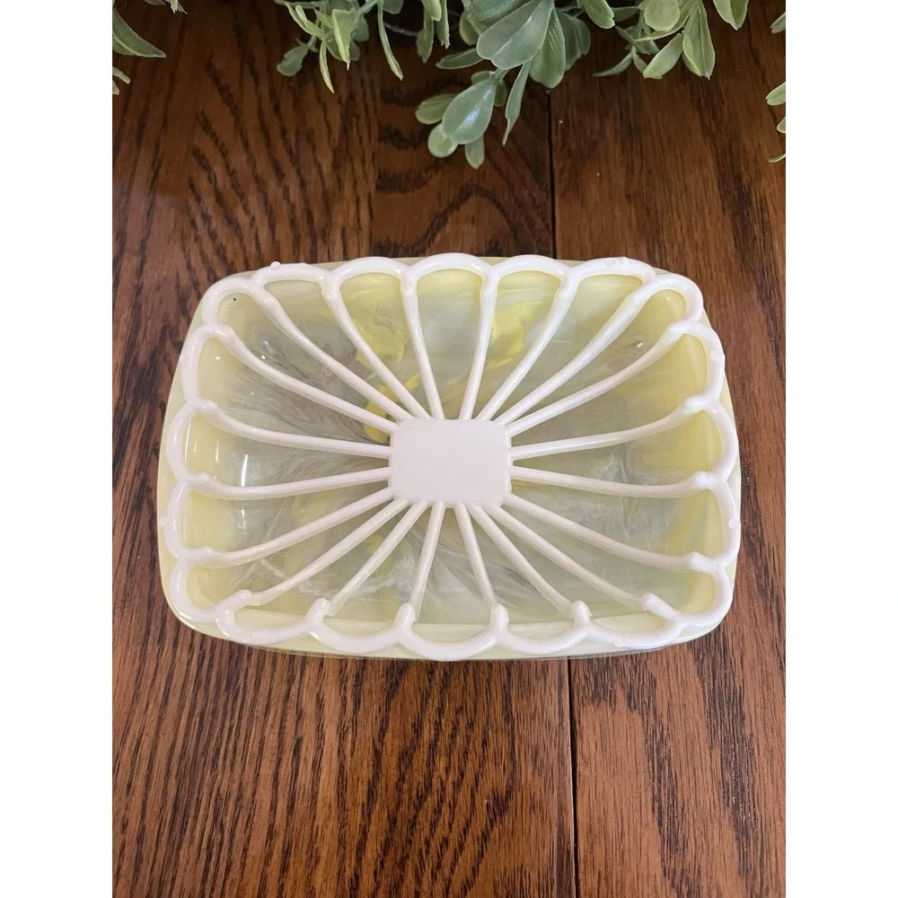 Vintage Yellow White Marbled Plastic Soap Dish Removable Drain Tray Retro New